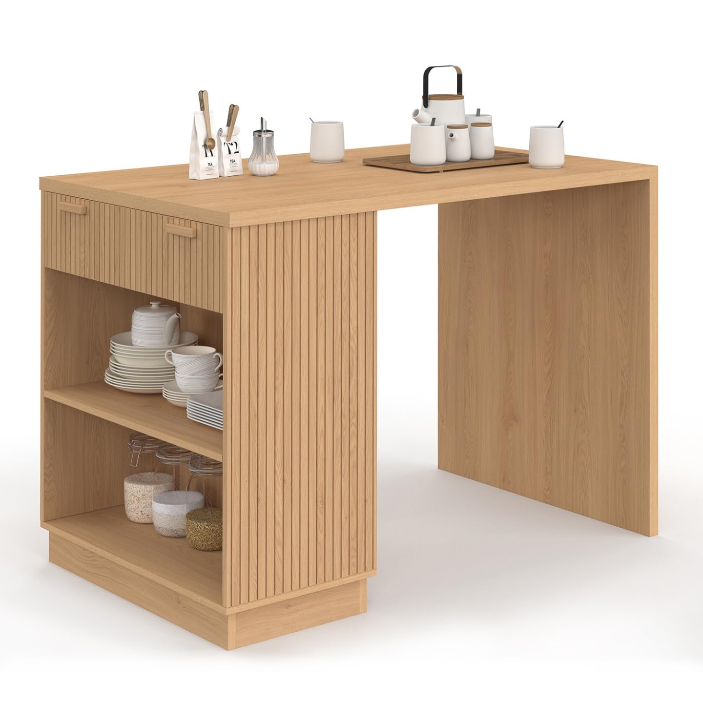 IDMarket - Ilot Central Mange-Debout 4 Personnes Juliette 130 cm Lattes tasseau Bois Coloris chêne