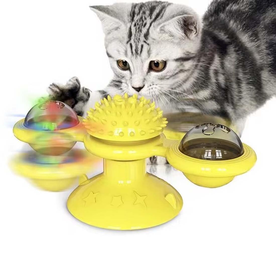 Interactive Windmill Cat Toys with Catnip, Fidget Spinner with Suction Cup Cats with Spinning LED Light Ball, Cat Turning Windmill Toy, 3 in 1 Multifunctional Cat Chew Toys for Chew Exercise (Yellow)