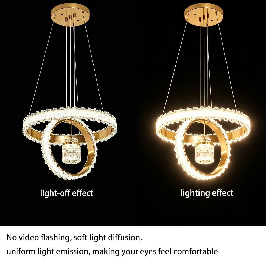 Lampa Kryształowa Nowoczesna Lampa Wisząca LED O Dwupierścieniowym Wzorze Regulowana Wysokością 50 Cm Oświetlenie Ściemnialne W Trzech Kolorach Odpowiednia Do Salonu Jadalni I Sypialni