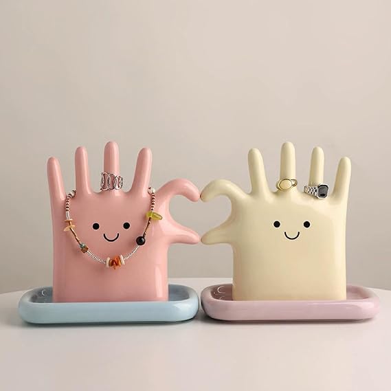 Cute Heart-Shaped Finger Ornament, Ceramic Hand Ring Holder, Jewelry Organizer Stand, Necklace Stand, Trinket Dish Tray for Women Birthday Christmas Valentines's Day Gifts(Pink)