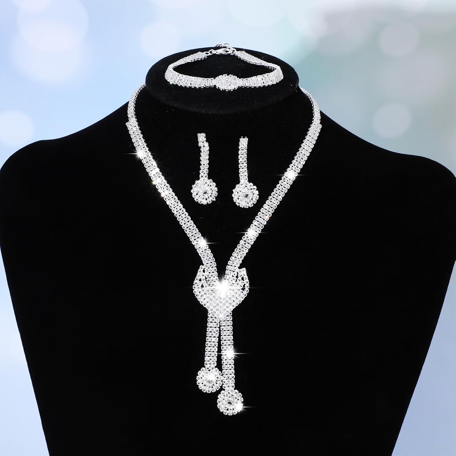 Silver Rhinestone Jewelry Set for Women - Rhinestone Necklace Crystal Dangle Earrings Bracelet Set, Bling Wedding Formal Costume Jewelry Sets for Women and Brides - Image 5