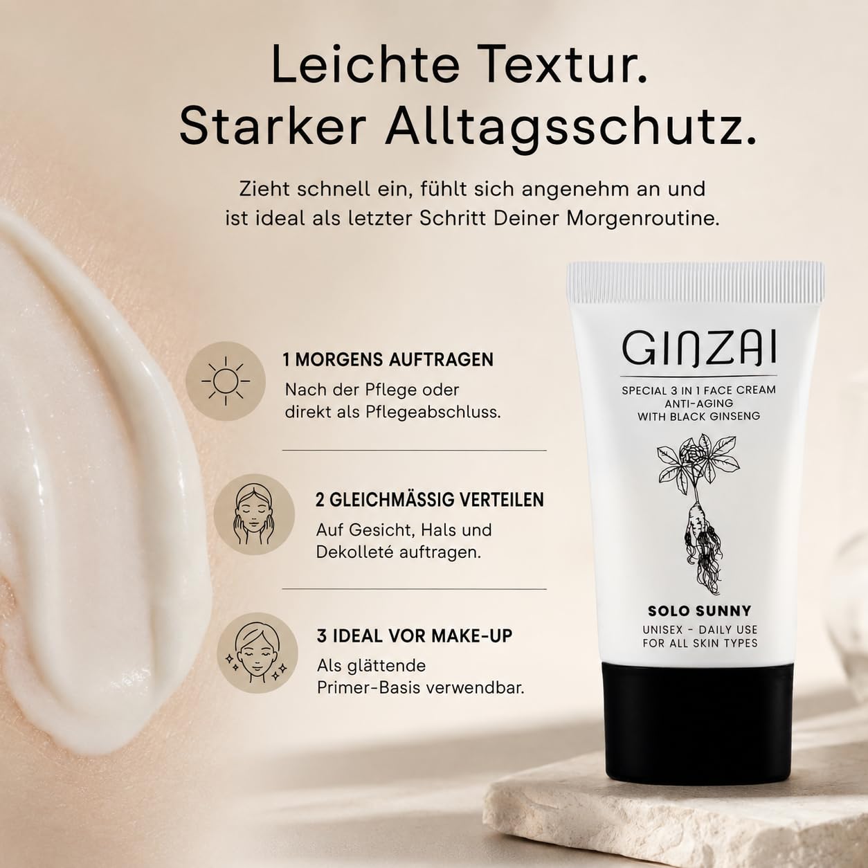 Solo SUNNY 3 w 1 krem na dzień z filtrem SPF 50+/PA+++, czarny koreański żeń-szeń, niacynamid i kwas hialuronowy, do wszystkich rodzajów skóry, 50 ml