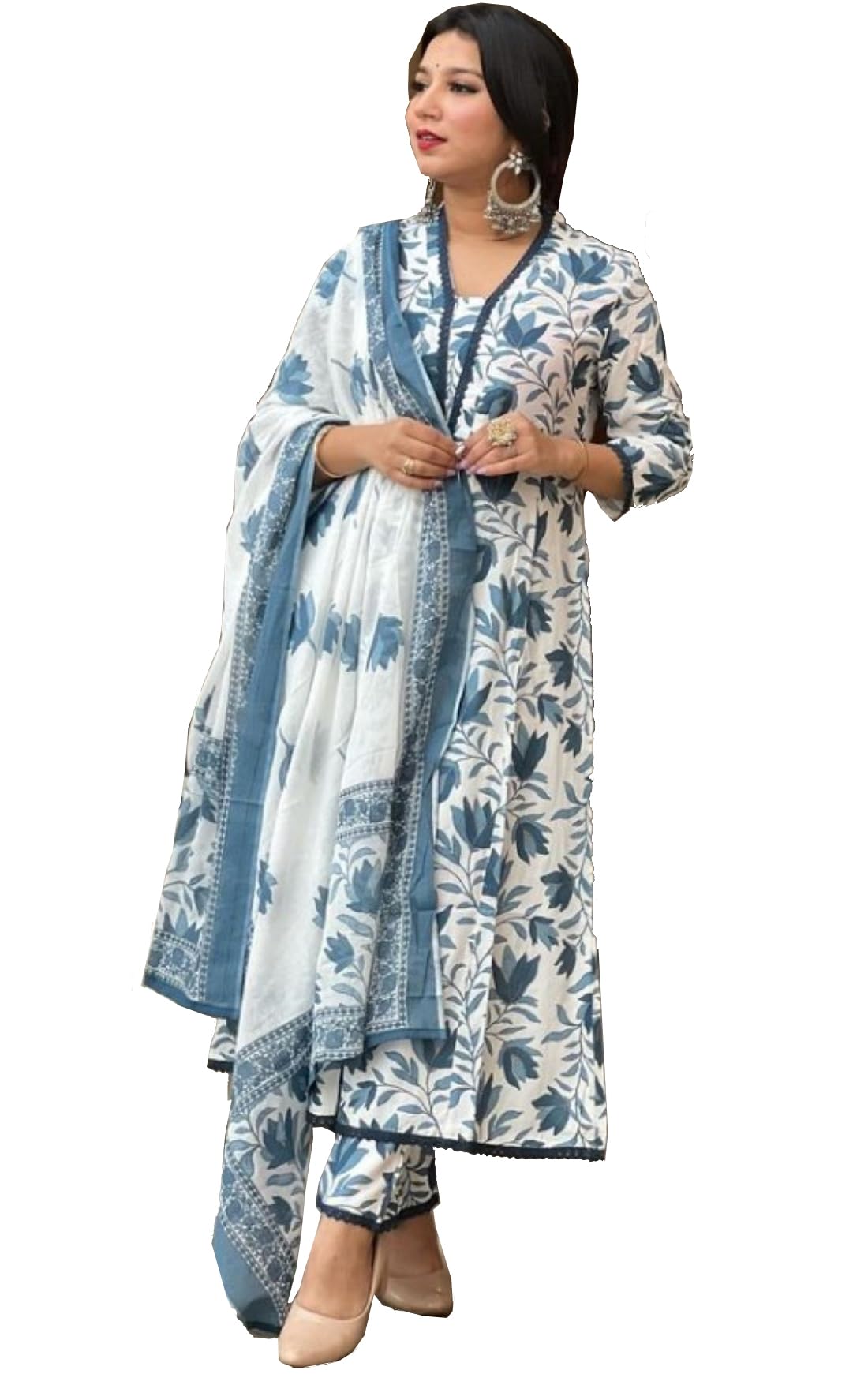 PARTHVIWomen's Printed Cotton Anarkali Kurta & Pant With Dupatta Set