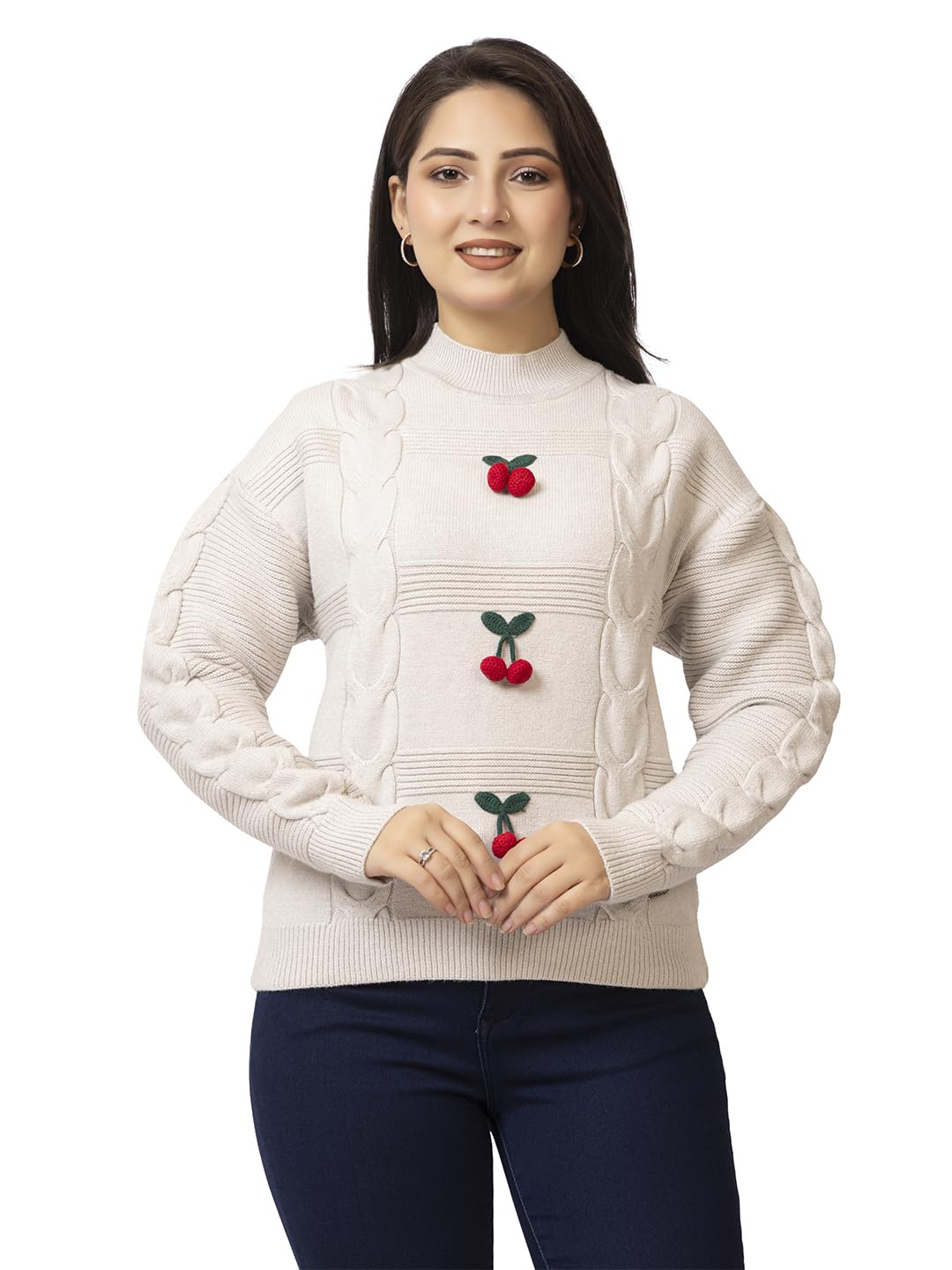 lasoon Women’s Woolen Knitted Winter Top | Full Sleeve Cable Knit Sweater with Cherry Detail | Free Size (Fits S–XL)-picture-14