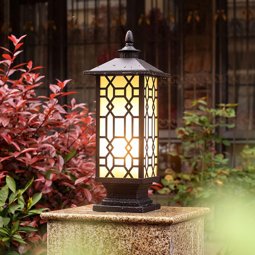 Luz De Pilar Grande De 52 Cm Lámpara De Poste Moderna para Exteriores Baliza Luminosa De Aluminio Fundido con Paneles De Vidrio, Lámpara Exterior De Estilo Chino Vintage con Bombilla E26