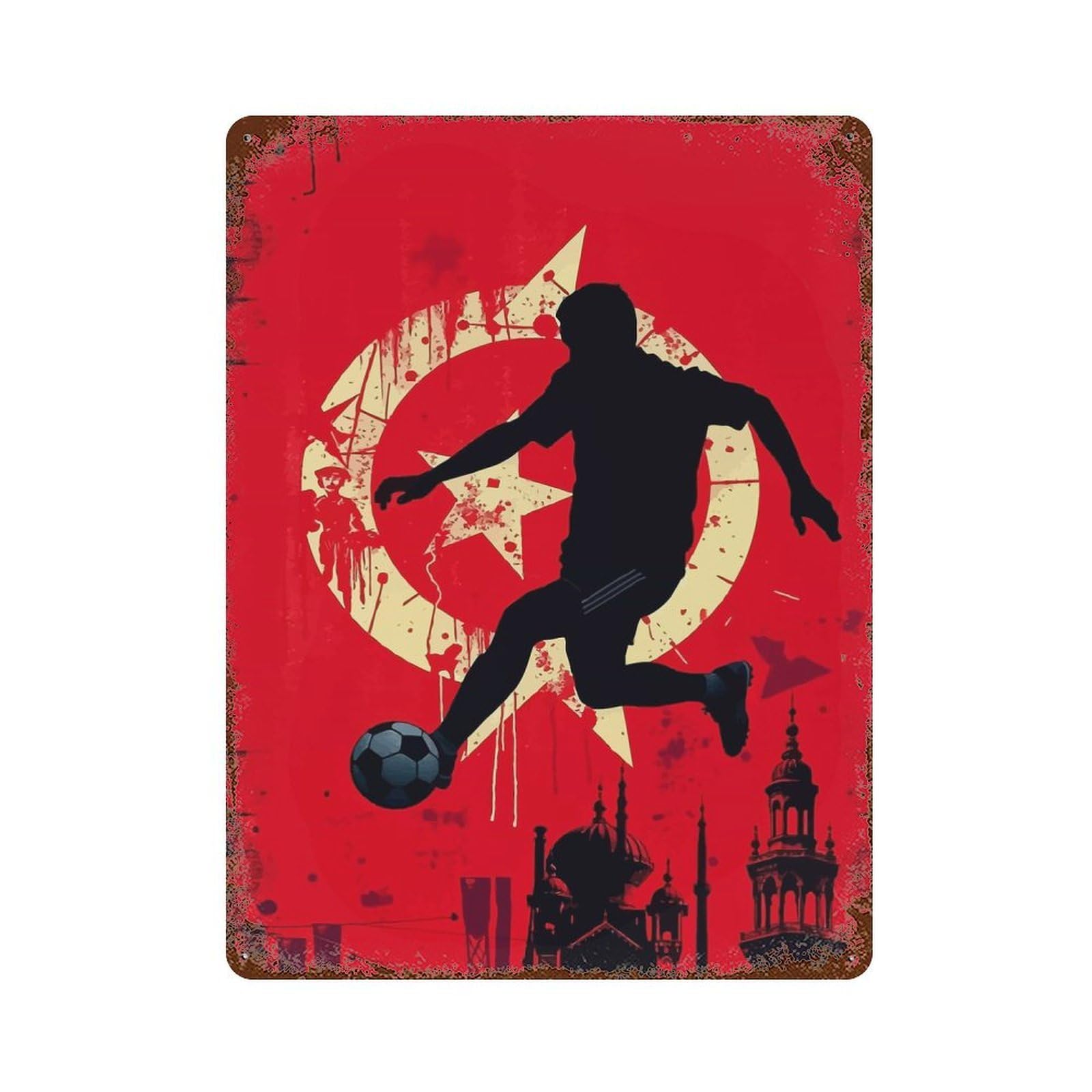 Soccer Player Silhouette with Turkish Flag 15.7"x11.8" Rustic Tin Plaque, Industrial Home Decor for Farmhouse, Kitchen And Entryway Decor