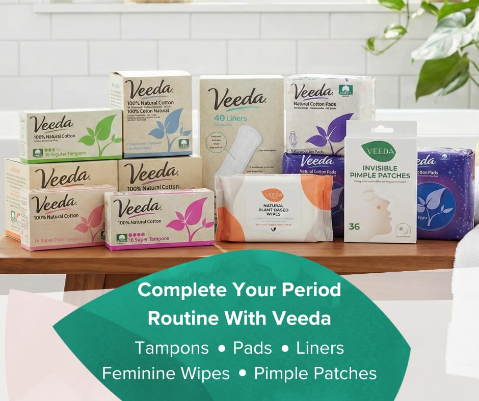 Veeda 100% Natural Cotton Tampons - Super Absorbency with Leak Proof Protection - Compact BPA-Free Applicator - Unscented & Free from Chlorine, Toxin - 384 Count