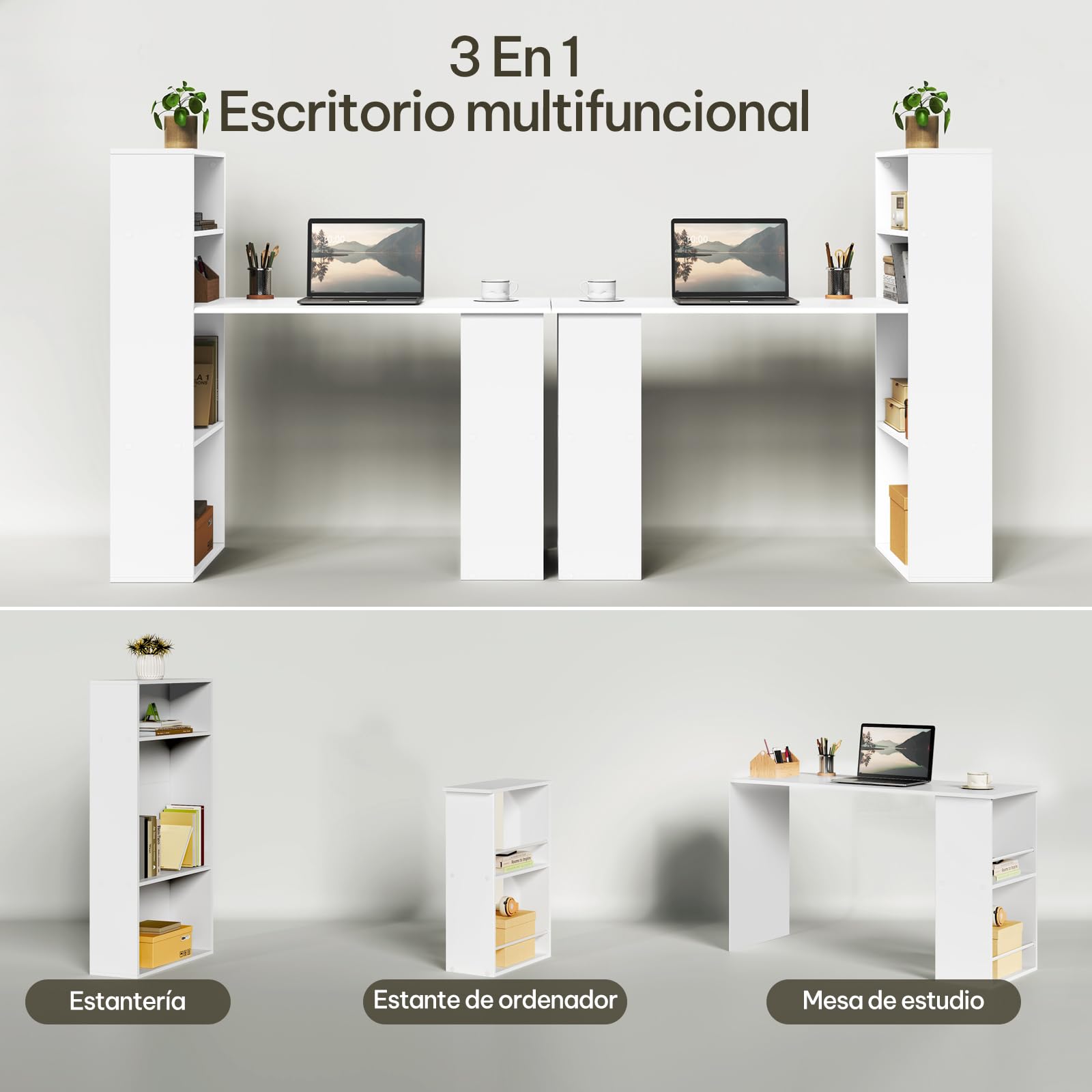 eSituro Escritorio Oficina con Estantería y Almacenamiento 120x55x120 cm, Mesa de Ordenador 3 en 1 Estable, para Dormitorio Estudio, Blanco | 3 en 1, Estable, Almacenamiento Práctico, para Dormitorio y Estudio
