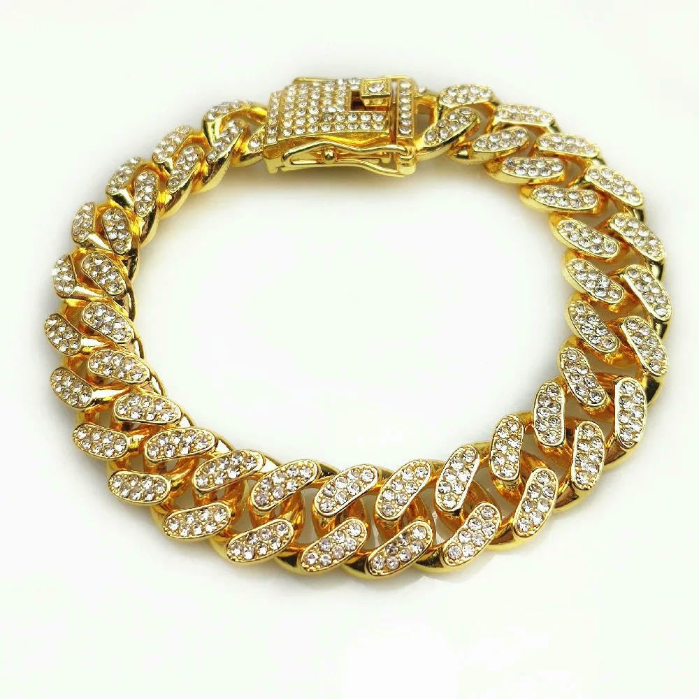 DaBingDian Luxury Designer Dog Collar Bracelet Bling Diamond Dog Necklace Cuban Gold Chain for Pitbull Big Dogs Jewelry Metal Material