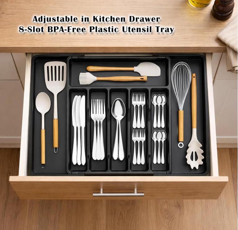 Image of Expandable Kitchen Drawer Organizer, 8-Slot BPA-Free Plastic Utensil Tray, Adjustable Flatware and Cutlery Holder for Spoons, Forks, and Knives, Kitchen Storage and Organization, Black