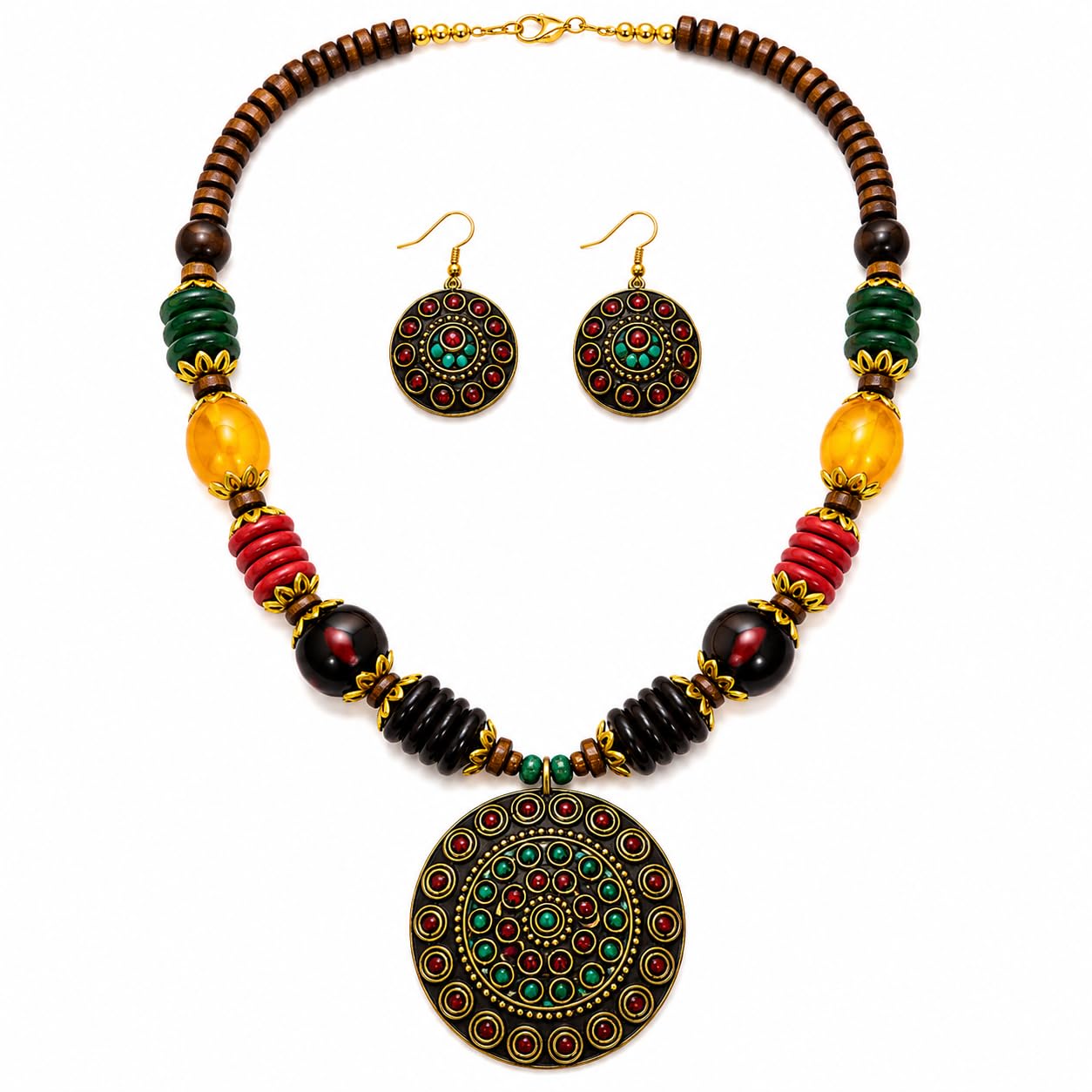 Handmade Multicolor Afghani Tribal Necklace Set for Women & Girls | Antique Pendant Statement Jewelry with Earrings | Boho Ethnic Fashion Jewellery for Party, Wedding, Festival Traditional | PN-42-image-16