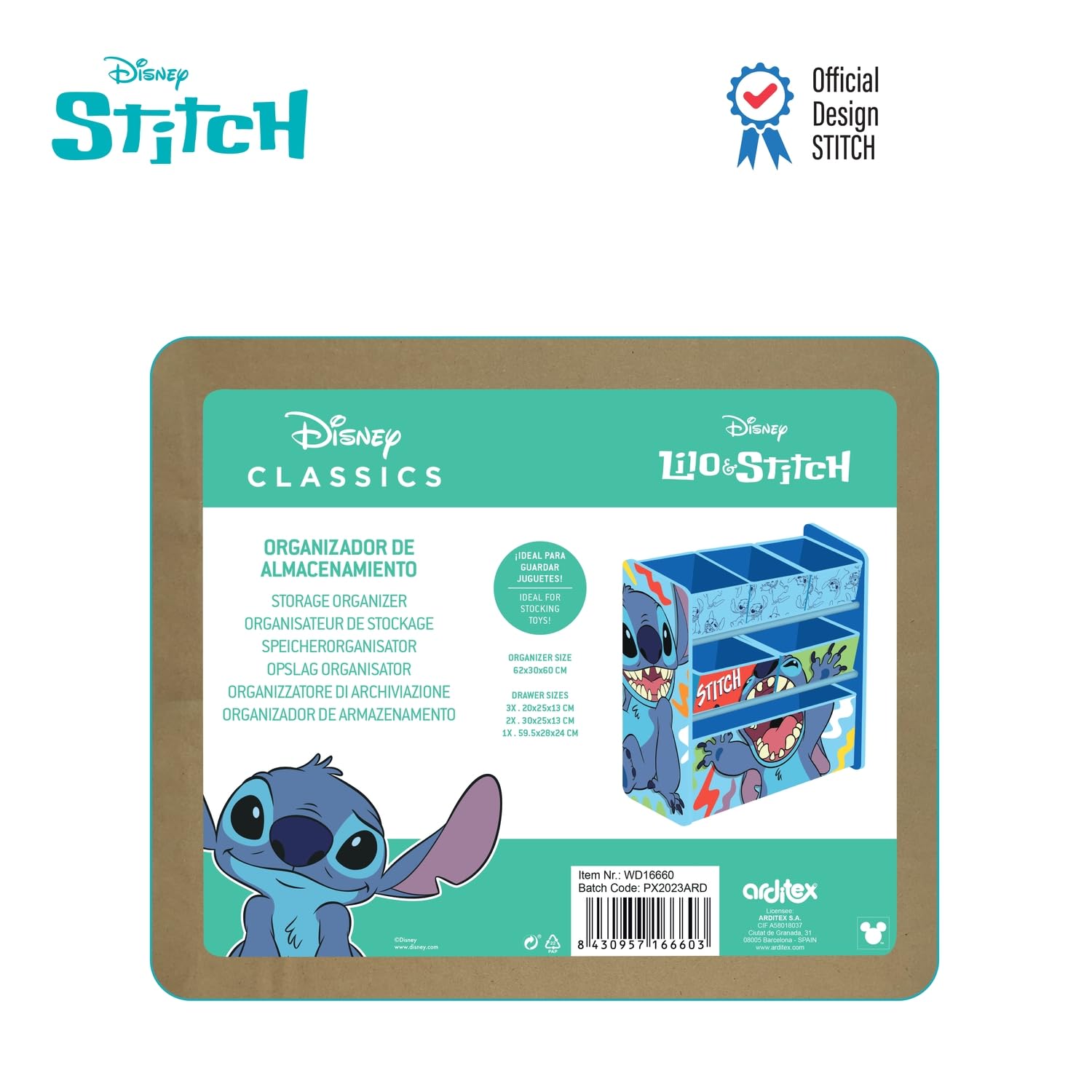 ARDITEX – Organizer aus Holz mit 6 Textilboxen mit Stitch-Motiv von Disney – 62x30x60 cm – Farbe Blau – Perfekt zum Aufbewahren von Spielzeug im Kinderzimmer