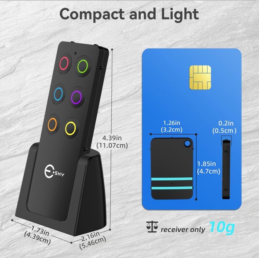 Diagram showing the compact dimensions of the Esky Key Finder remote and a single receiver.