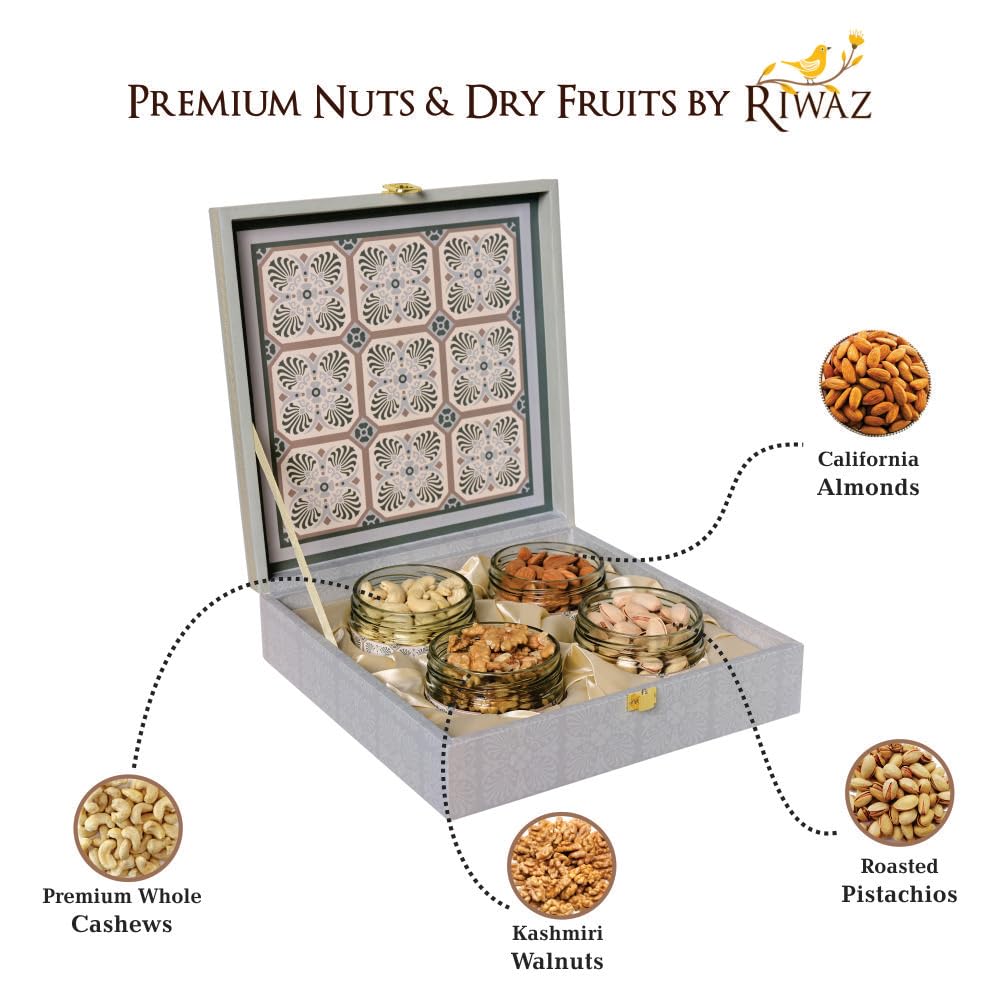 Riwaz Luxury Square Dry Fruits Gift Box | 4 Salsa Jars with Almonds, Cashews, Pistachios & Walnuts | Premium Corporate, Wedding & Festive Gifting Hamper (450g) 2