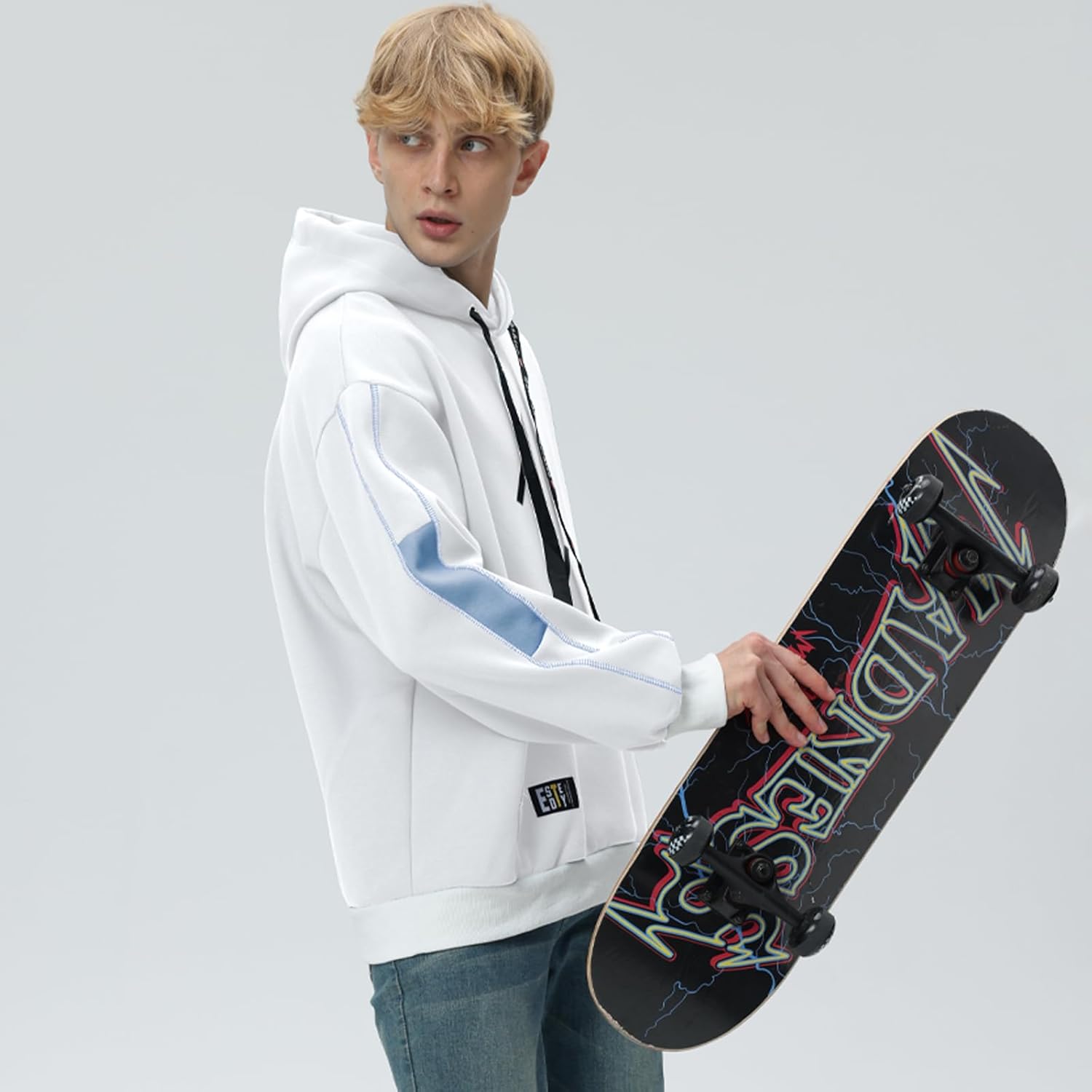 Men's Hoodie Patchwork Contrast Color Hoodies Casual Baggy Sweatshirt Pullover - Image 3