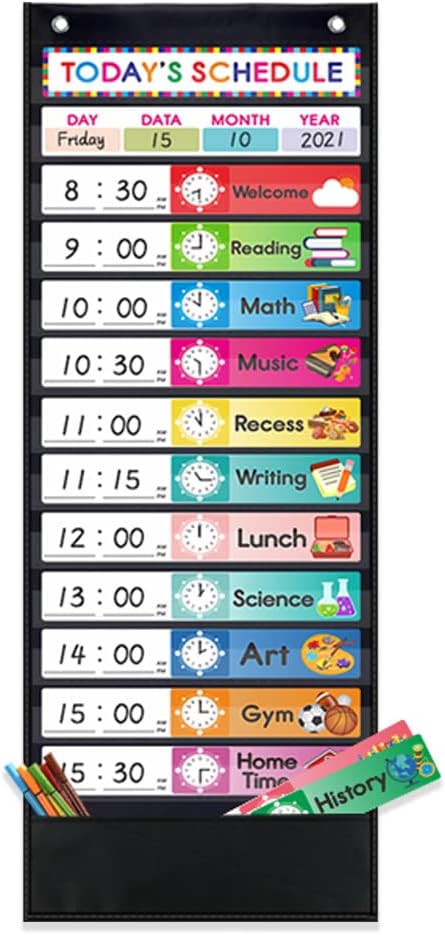 Daily Schedule Pocket Chart, class schedule, with 15 Dry-Eraser Cards - 13 Pockets for Classroom & Home (Black)