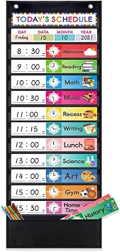 Daily Schedule Pocket Chart, class schedule, with 15 Dry-Eraser Cards - 13 Pockets for Classroom & Home Black