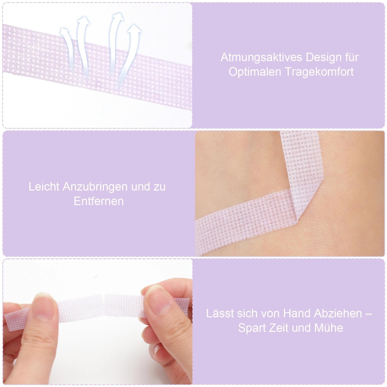 VOSSOT 6 Rollos Cinta Extensión de Pestañas Para Extensiones Lash Tape Adhesiva Cinta Micropore para Pestañas Transpirable Impermeable de Gel Color Morado Incluye Pinzas 1.25cm*9m