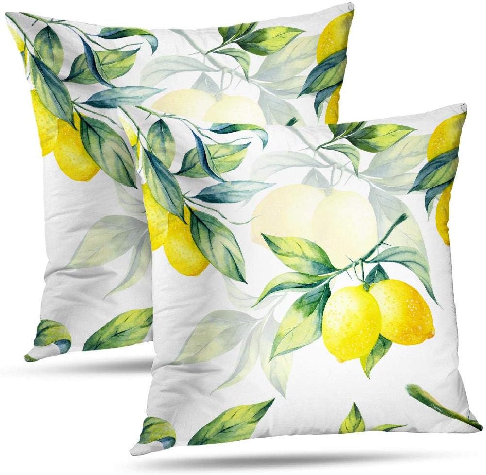 Lemon Throw Pillow Covers Decorative Pillow Covers, 18 x 18 Inch Set of 2 Square Pillow Cushion Cover White Fruit Leaf Watercolor Pillowcase for Bedroom Living Room Couch Sofa 2 Sides Print