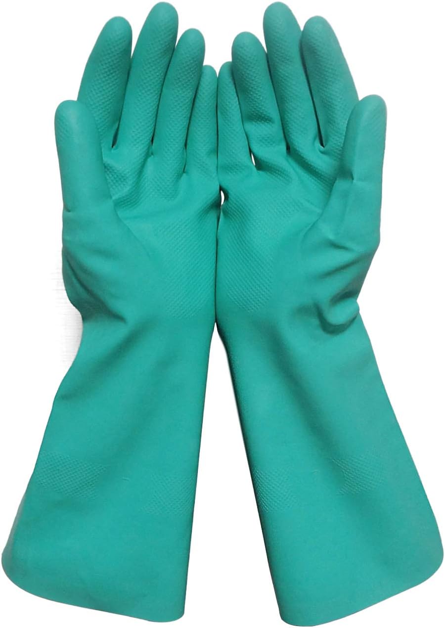 Sunyel Heavy Duty Cleaning Gloves, 15 Mil Green Reusable Household Nitrile Gloves with Resistance to Oil, Acid, Alkali and Solvent (Medium)