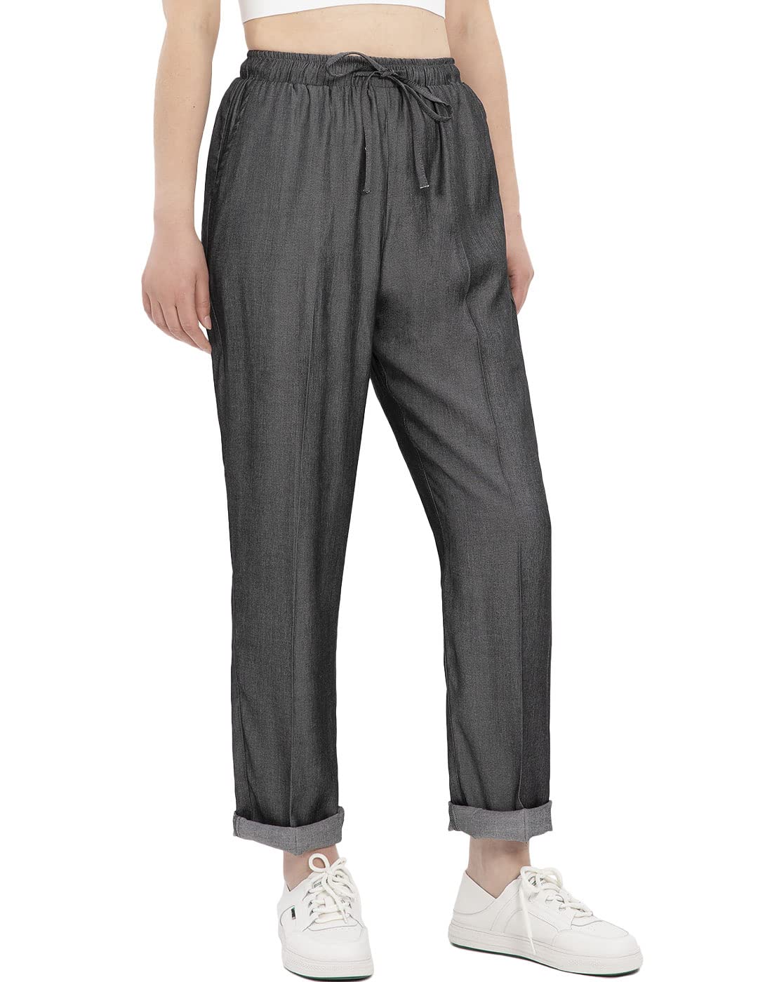 Bonnorth Womens Flowy Tencel Drawstring Elastic Waist Casual High Waisted Cropped Pants with Pockets