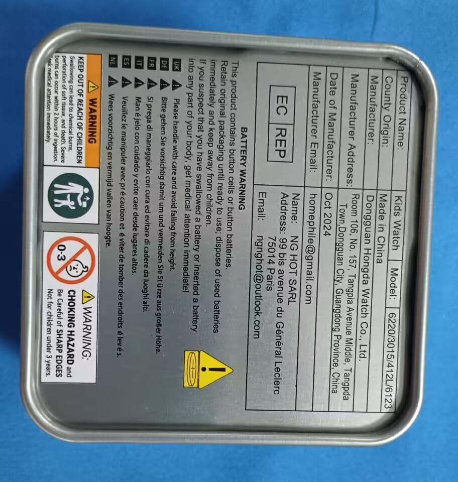 Warning label from the product packaging showing battery warning, choking hazard, and sharp edges warnings in multiple languages.
