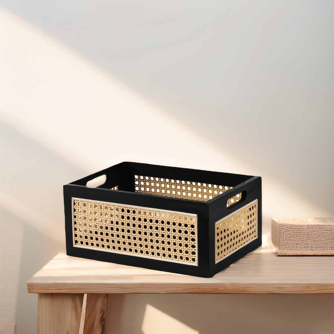Cesta rectangular de almacenamiento, almacenamiento de tejido de madera cestas tejidas con mango | Cesta de almacenamiento de tejido con asa, organizador de escritorio, para casa, oficina, armario, estantería