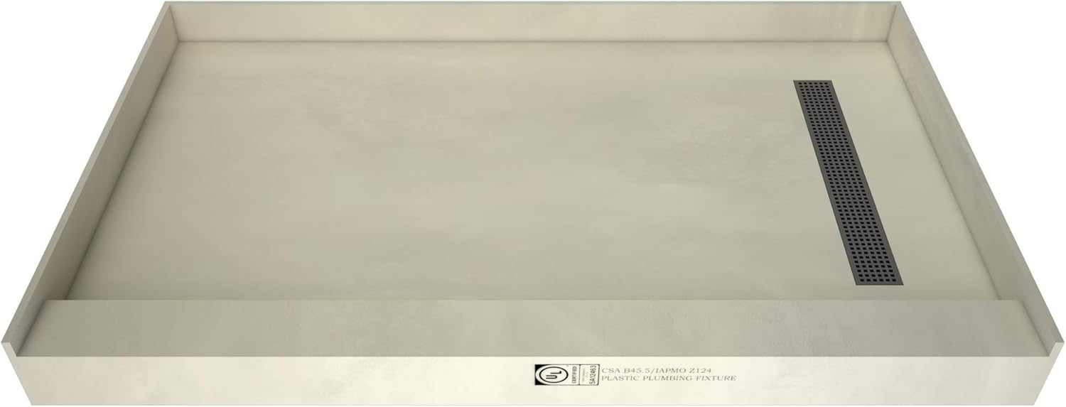 Beige 60" x 36" Shower Pan and Bench with Brushed Nickel Drain