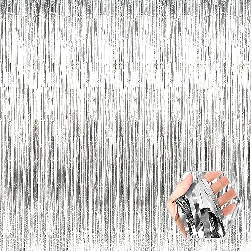 Image of 6 Pack Silver Foil Fringe Curtain Backdrop, 3.28Ft x 8.2Ft Metallic Tinsel Foil Fringe Streamer Curtains for Photo Booth, Christmas Day, Thanksgiving, Wedding, New Year Party Decorations