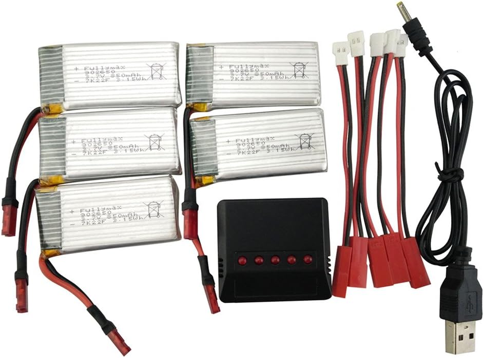 Fytoo Helicopter Accessories 3.7V 850mah Lithium Battery &1pcs Charger for SYMA X56 X56W X54HW Foldable Quadcopter Parts Foldable RC Drone Parts (5pcs Batteries+1pcs 5 in 1 Battery Charger)