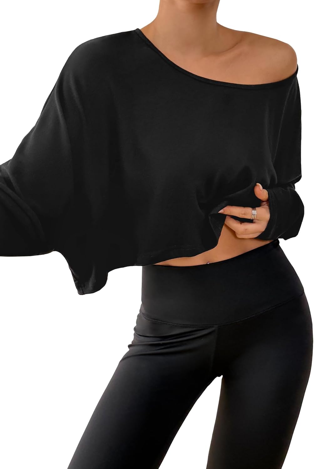Remidoo Womens Batwing Long Sleeve Crop Top Crewneck Oversized Tshirt Casual Loose Shirt - Image 6