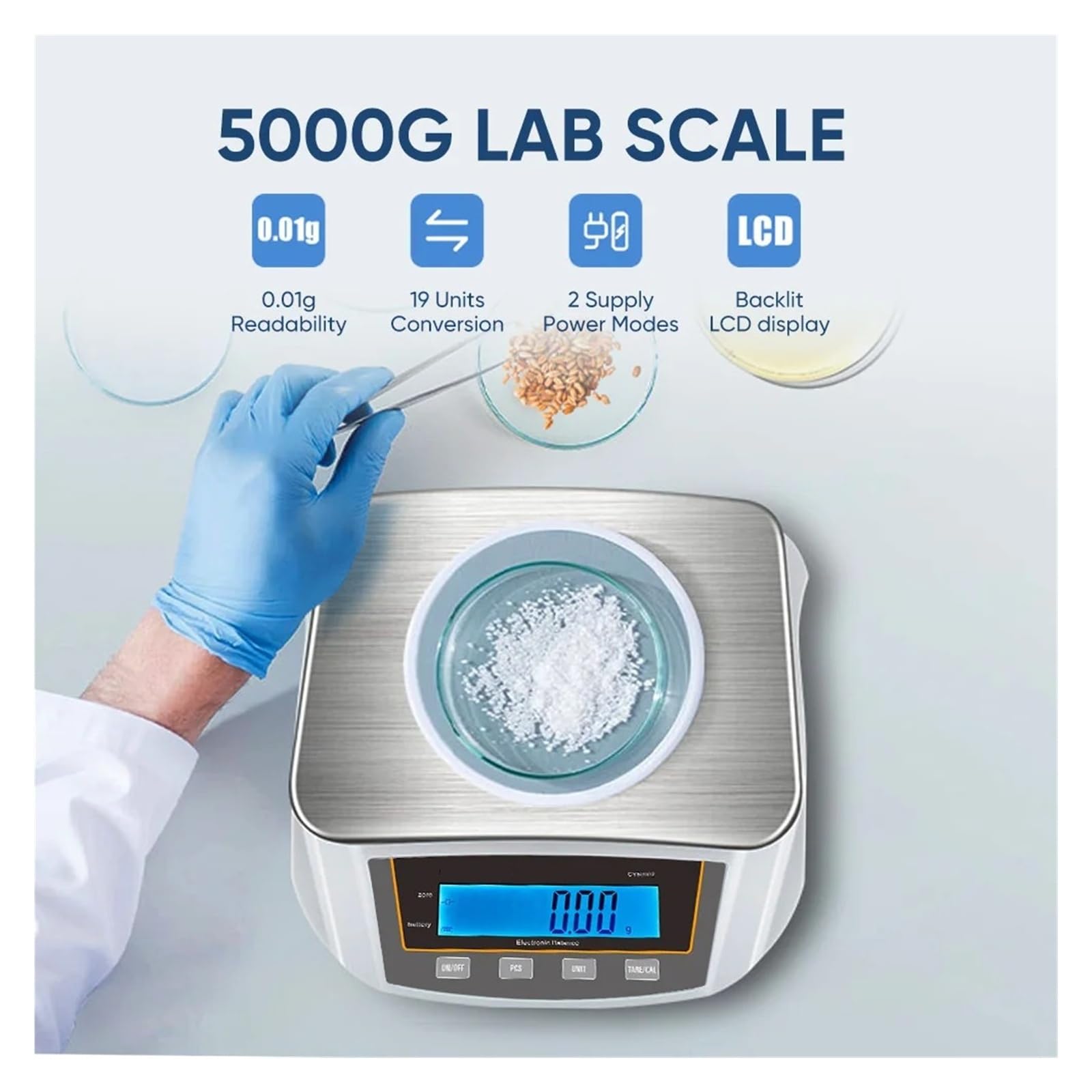 Balanza de precisión de 0,01g, 5000g/2000g, balanza analítica electrónica, pantalla retroiluminada Función múltiple(2000g 0.01g)