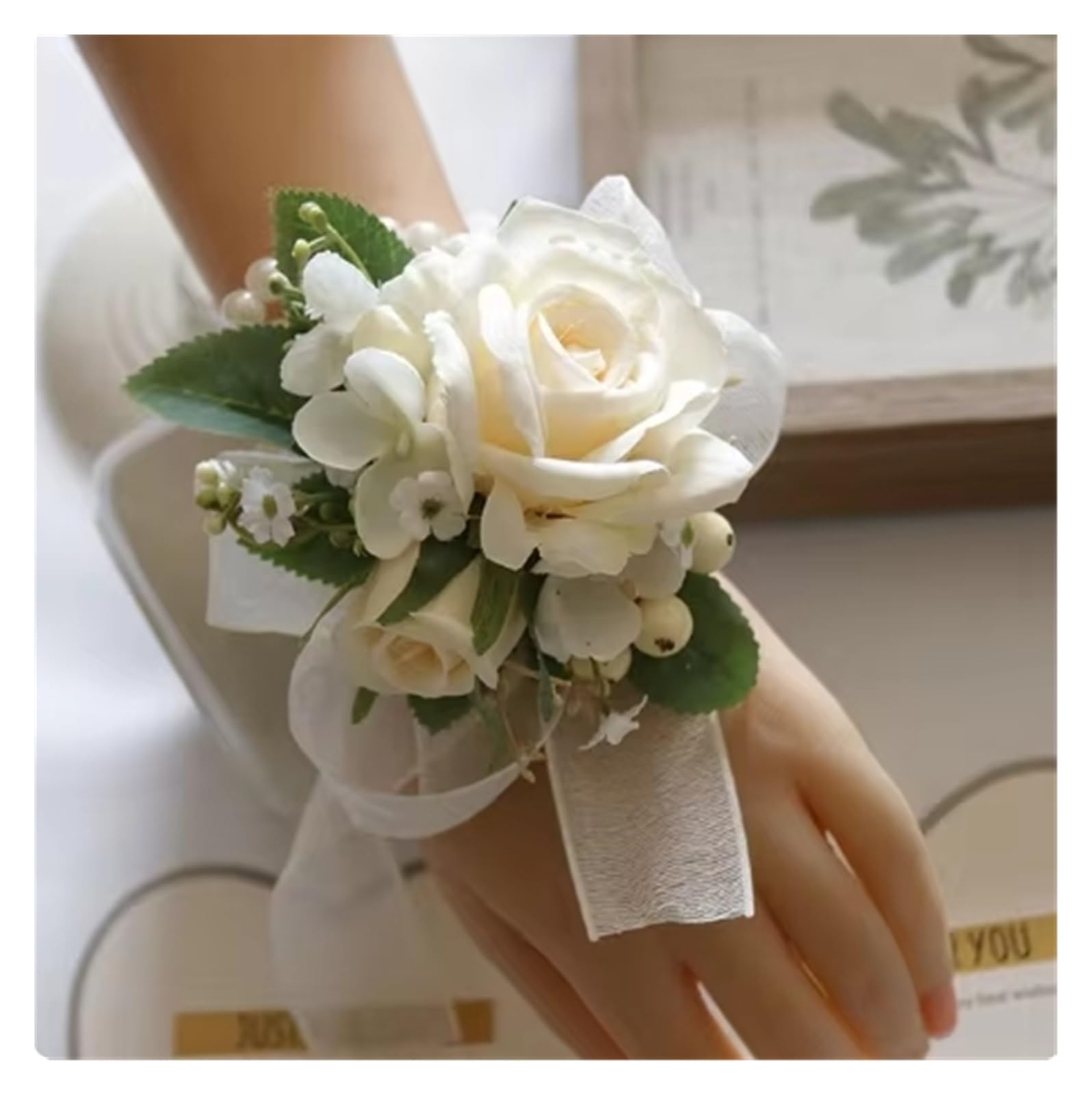 Handgelenk Corsage Blumen Elfenbein Handgelenk Corsage Brautjungfer Schwestern handgemachte Blume künstliche Seide Rose Armband Blumen for Hochzeit Tanz Party Dekor