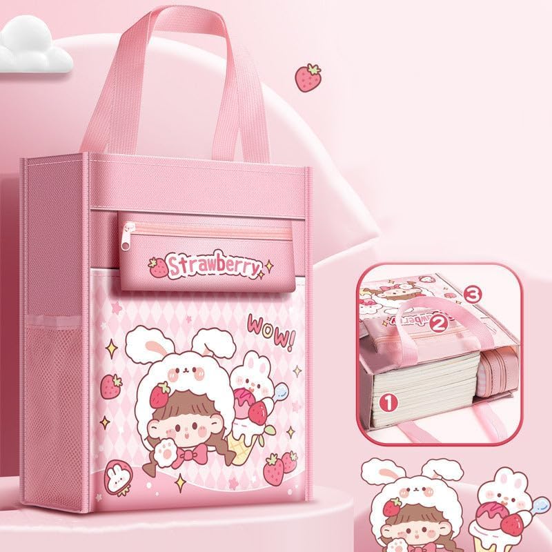 Image of Print Delight Handbag /Tutor Bag for Girls, Test Paper Book Storage Bag Kids Handmade Art Supplies Bags Thick Waterproof Portable Storage Bag for Kids (Strawberry Girl Pink Pouch Bag)