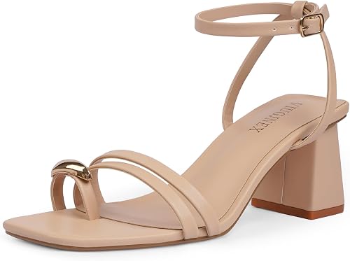VIUGJNEX Womens Chunky Block Heels Square Open Toe Strappy Sandals | 2.75-in Mid Heels with Adjustable Ankle Strap Metal Toe Ring Flip Flop Thong Heeled Sandals For Casual Daily Outfits