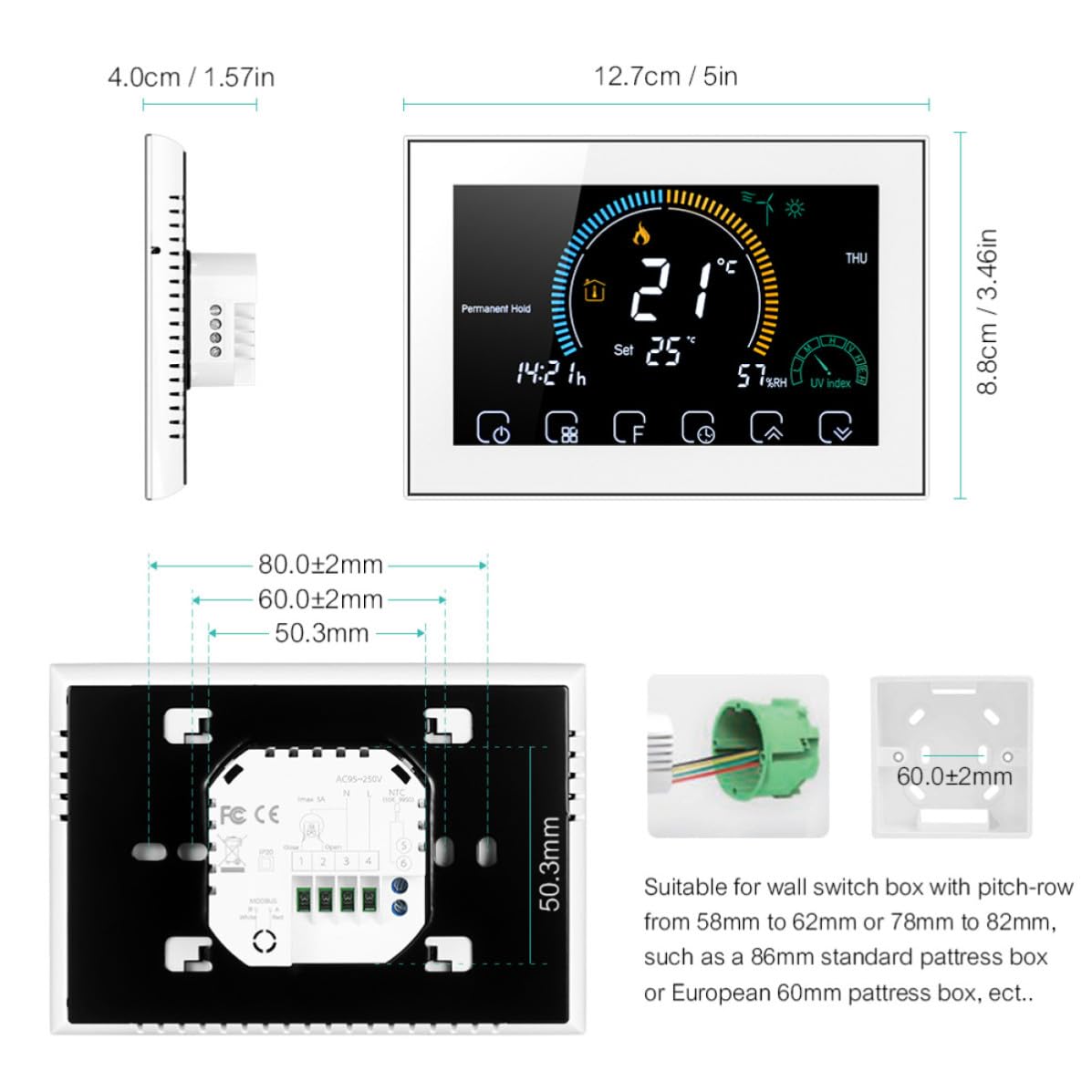KICHOUSE Intelligentes WLAN Thermostat mit LCD Touchscreen Programmierbarer Temperaturregler für Haushalt 5a Kapazität Weißes PC Abs Gehäuse Einfache Bedienung