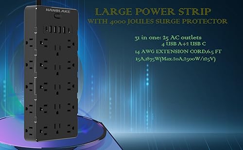 Miniatura 5 de Regleta de alimentación monstruo grande, resistente protector de sobretensiones 4000J 20A 2500W cable de extensión con múltiples tomas de corriente