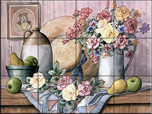 Cerámica de azulejos - Sombrero de paja y flores - TC por T. C. Chiu - salpicaduras de la cocina / baño de ducha