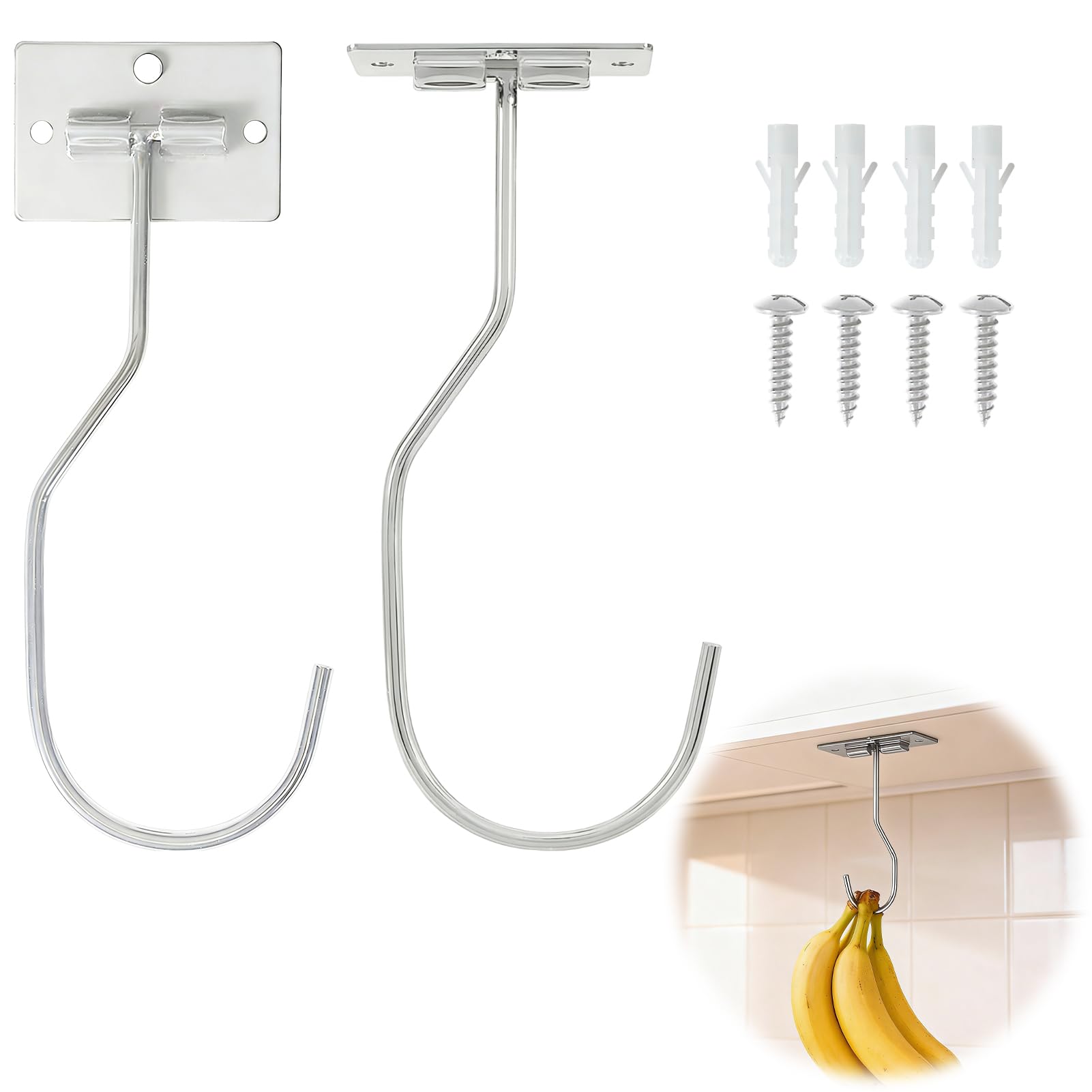 Tacitmeet 2 Pcs Banana Hanger Hook, Banana Hook Under Cabinet, Folding Self Adhesive Banana Holder to Keep Fresh, Large Heavy Duty Hooks for Hanging Items in Kitchen (Silver)
