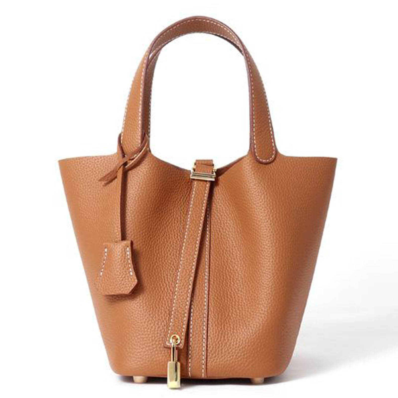 Modna torebka z prawdziwej skóry Bucket Lock na czas wolny damska z metalowym zamknięciem casualowy Solid Color Top Handbag Torebka damska Modny kosz na warzywa Torba Tote Bag