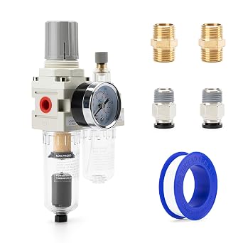 1/4" NPT Air Compressor Water Separator Regulator Filter Combo Compressed Air Filter Dryer Pressure Regulator with Gauge0-150 psi Poly Bowl Auto Drain Bracket - 3 in 1 Two Unit