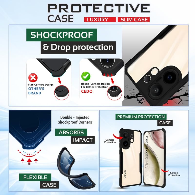 Image of AIBEX Compatible for Vivo X200 FE 5G Mobile Back Case Cover, Crystal-Clear Shockproof Bumper with Camera Guard | 360 Hybrid Protection (TPU+PC) | Anti-Yellow, Slim Transparent - Black