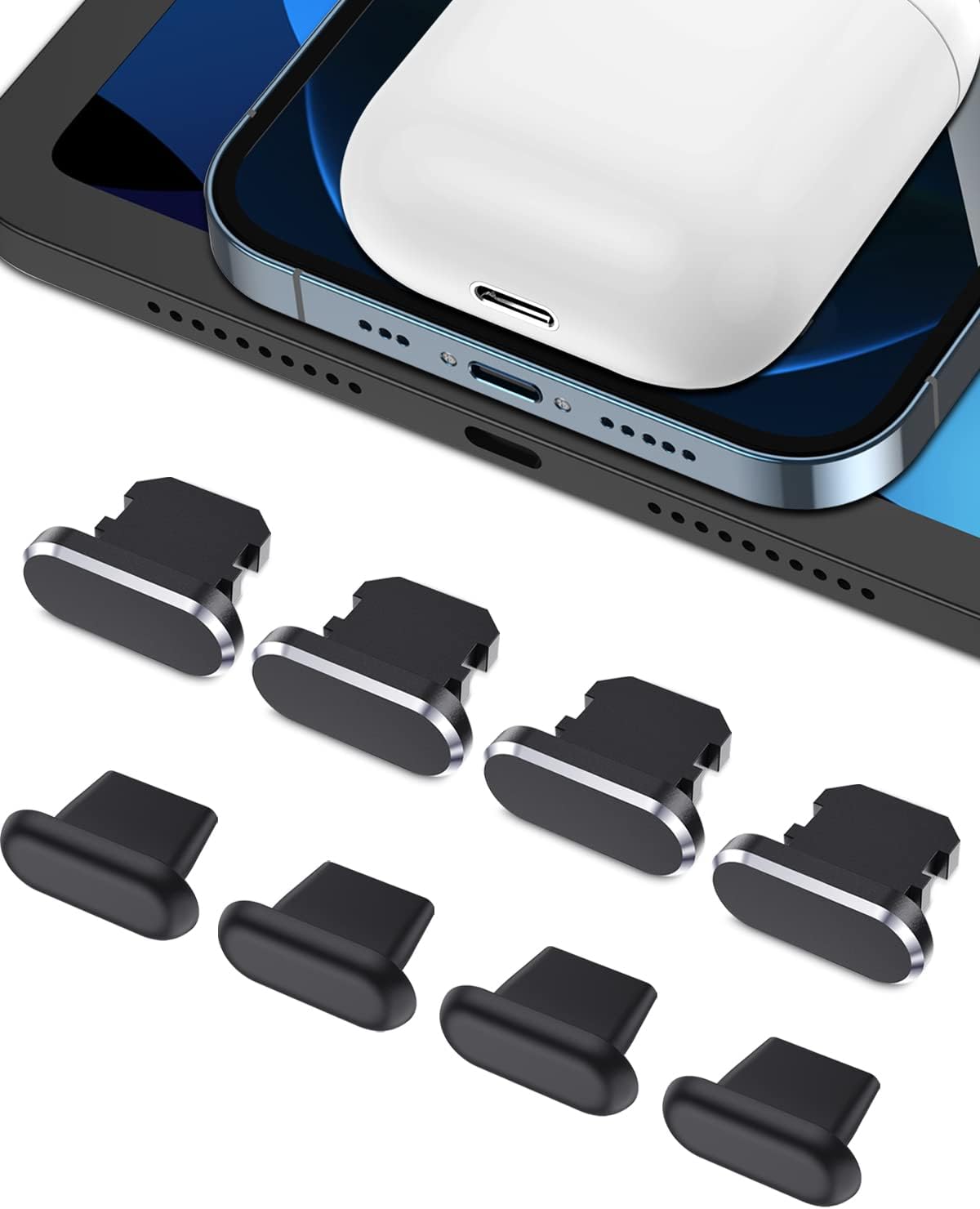 8 Pieces Anti Dust Plugs Compatible with iPhone 14 Pro Max, 4 Metal + 4 Silicone Dust Plugs Dust Cover Port Cap Protector for iPhone 13, 12, 11, iPad and Airpods Charging Case, Black