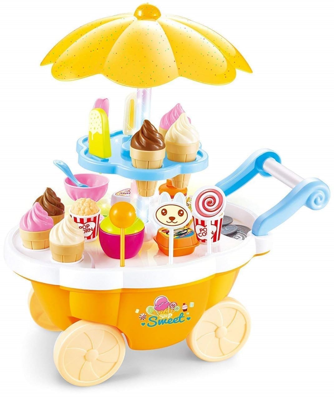 LEMONET Sweet Shopping Cart Play Set Ice Cream Candy Counter SetKitchen Play Set with Lights and Music Pretend Play Toys for Children Girls and Boys (Sweet Shopping Cart Set - Yellow)