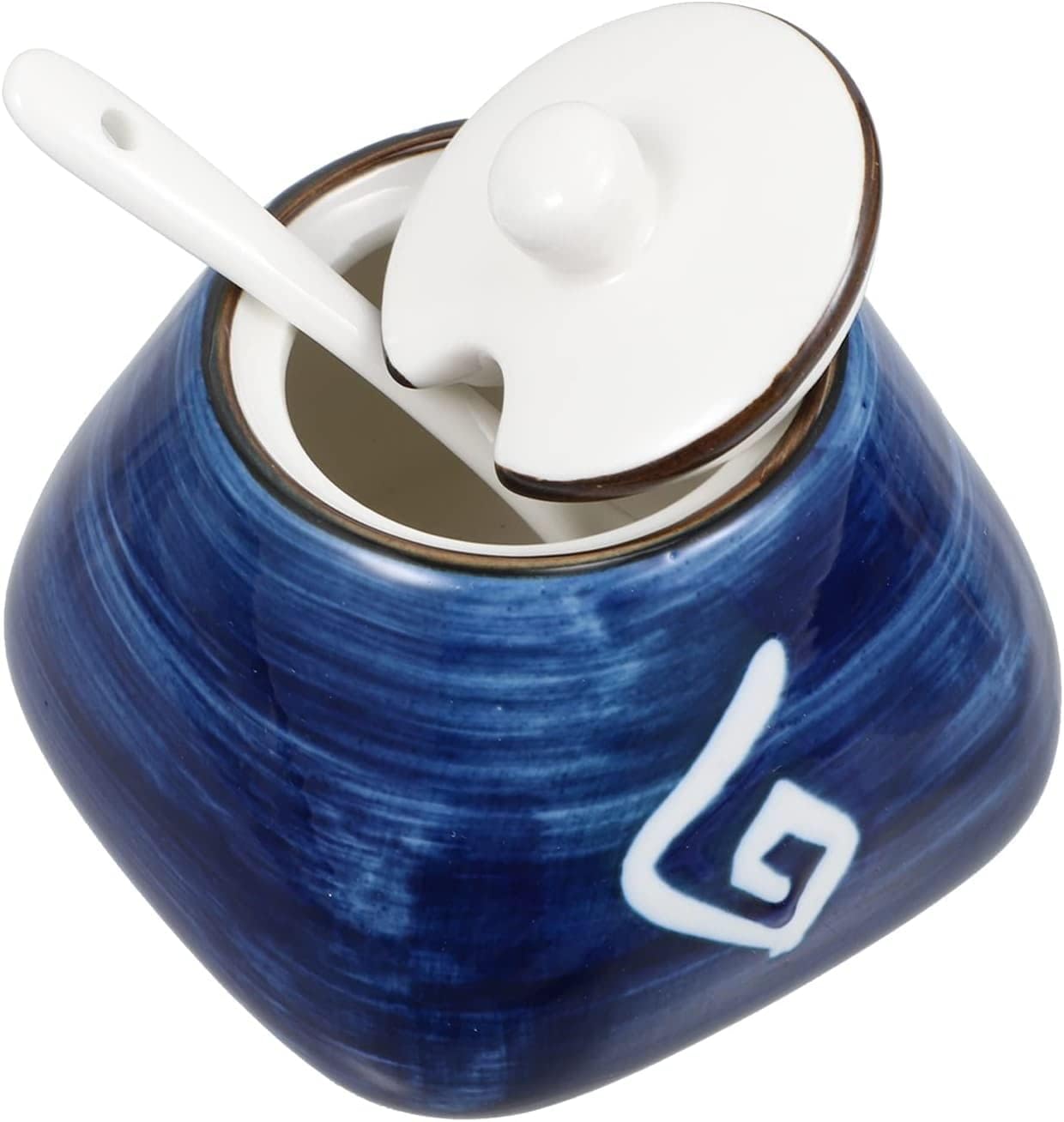 Seasonings Set Ceramic Condiment Jar Container with Lid and Spoon Japanese Jar Condiment Pots Jars Seasoning Salt Sugar Box Blue Condiment Containers