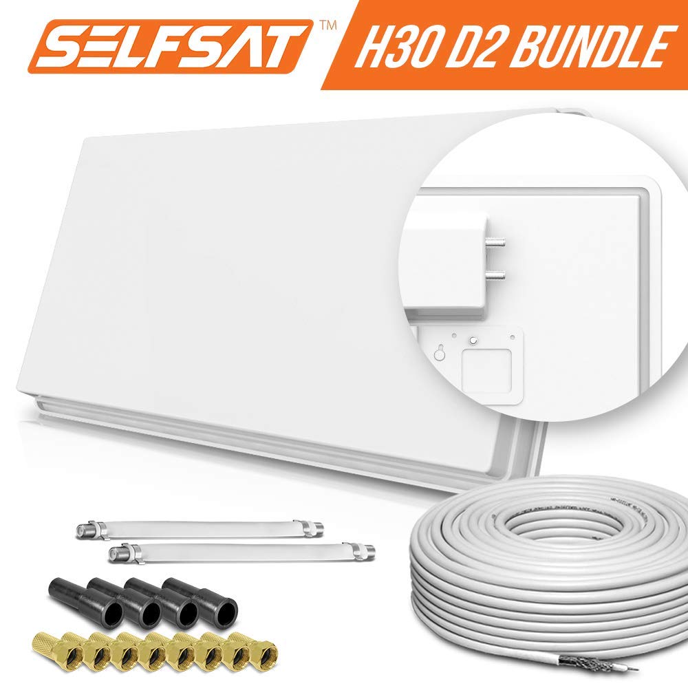 Selfsat H30D2+ - Antenna piatta con 2 partecipanti TV SAT + passacavo per finestra + cavo Full HD 4K