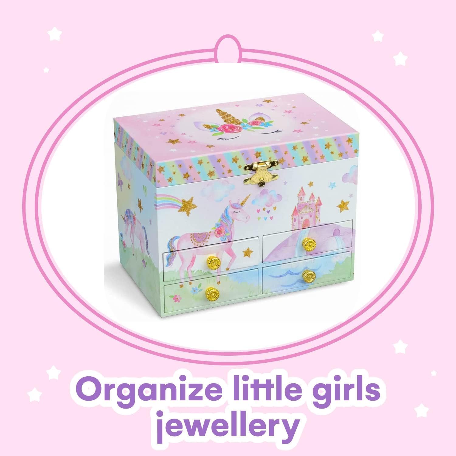 Jewelkeeper Musical Jewelry Box for Girls with 4 Pullout Drawer - Party Unicorn Jewelry Box, Beautiful Dreamer Tune & Unicorn Doll, Great Gifts for Girls & Jewelry Storage Box