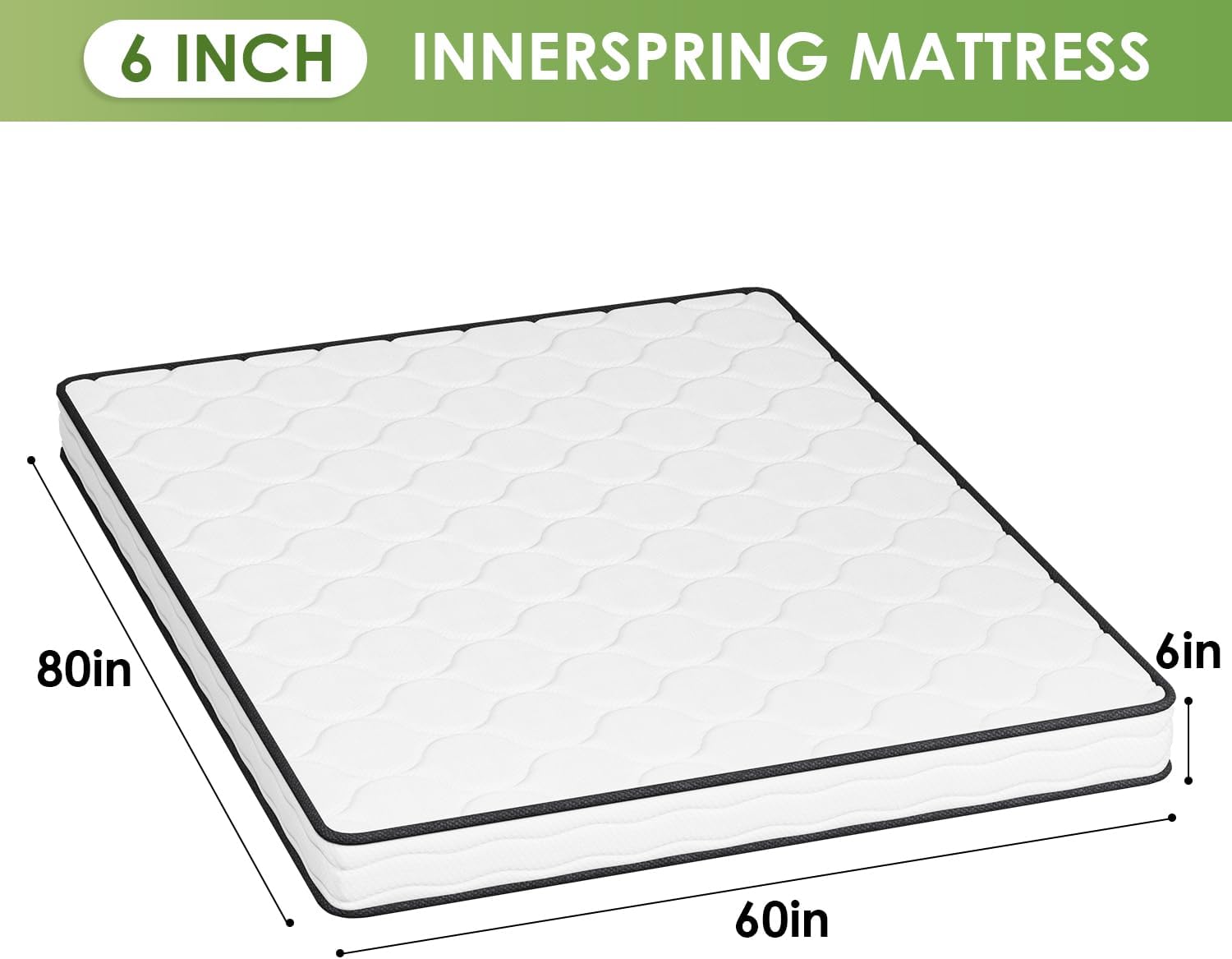 Diagram showing mattress dimensions: 80 inches long, 60 inches wide, 6 inches thick