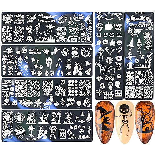 Halloween Nail Stamping Plates Stainless Steel Halloween Nail Stencils Image Plate Diy Nail Art Accessories Skull Pumpkin Ghost Bat Witch Owl Nail Stamp Template For Halloween Nail Design Kit 6Pcs #TOP5