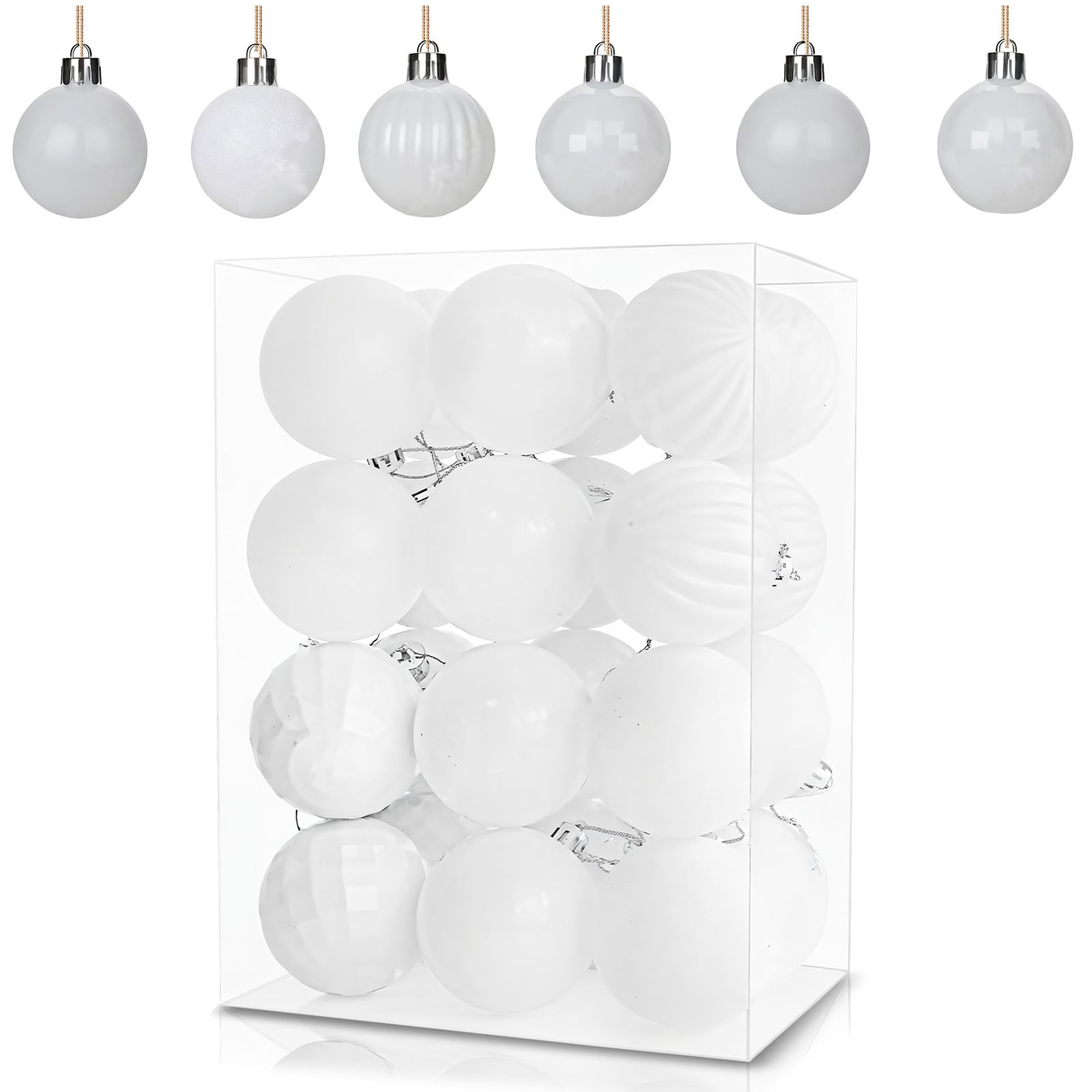 24Pcs White Baubles for Christmas Tree Decorations,60mm/2.36" Large Xmas Bauble Hanging Ball,Christma Balls Ornaments with String,Shatterproof White Christmas Baubles for Xmas Tree Holiday Party Decor